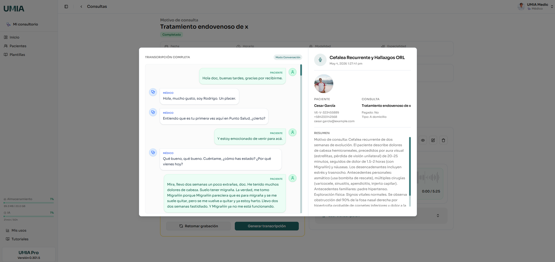 Conversación → resumen clínico listo para firmar.